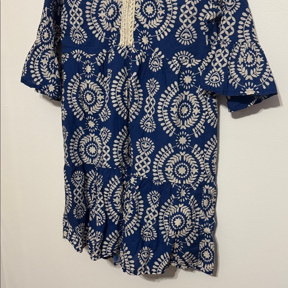 SAIPH Santorini Floral Mini Dress Size S Blue White Cotton Italy Relaxed Coastal - Picture 7 of 10